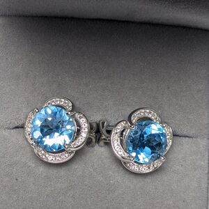 New Swiss Blue Topaz Halo Earrings Sterling Silver 3.5ct 925 Fine Jewelry Push